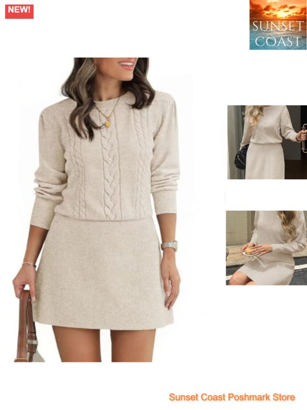Puff Long Sleeve Cable Knit Sweater Dress Mini Fit & Flare A-Line